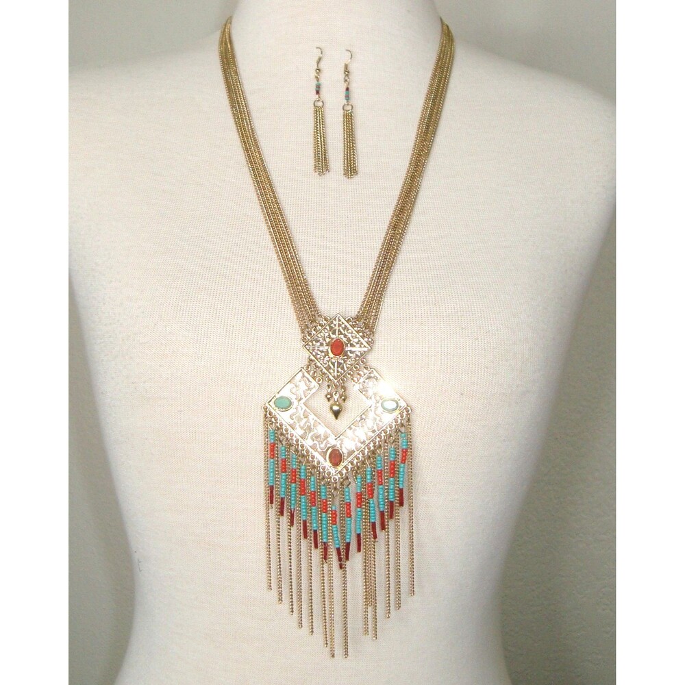 NEW Bohemian Style Multi-Strand Beaded Statement Necklace & Earring Set